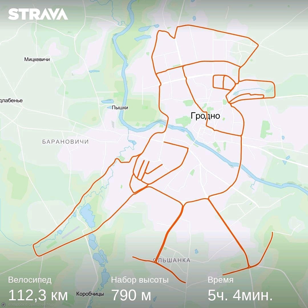 какие рисунки делают велосипедисты по улицам Гродно с помощью GPS-трекеров