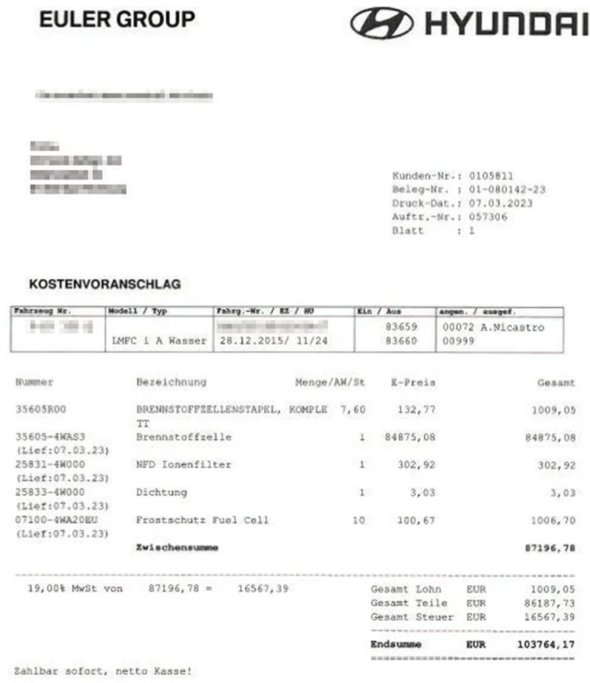 Владелец водородного Hyundai получил счет на 104 тысячи евро за ремонт своей машины в Германии