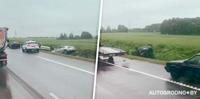 На трассе М6 сразу 3 автомобиля оказались в кювете друг возле друга. 2 перевернулись на крышу