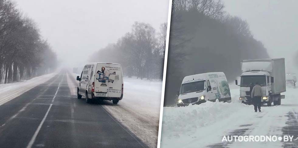 На видео засняли, как в Беларуси из-за сильного ветра микроавтобус едва удерживается на дороге