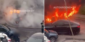В МЧС рассказали о пожаре Mercedes в Гродно. Огонь его полностью уничтожил, повредив и стоявший рядом BMW